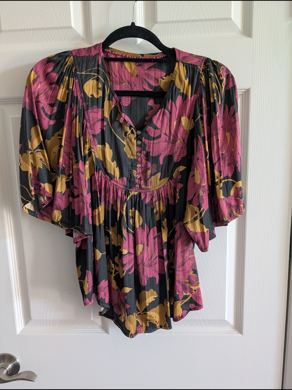 Anthropologie Floral Pintuck Blouse in Black, Pink & Gold